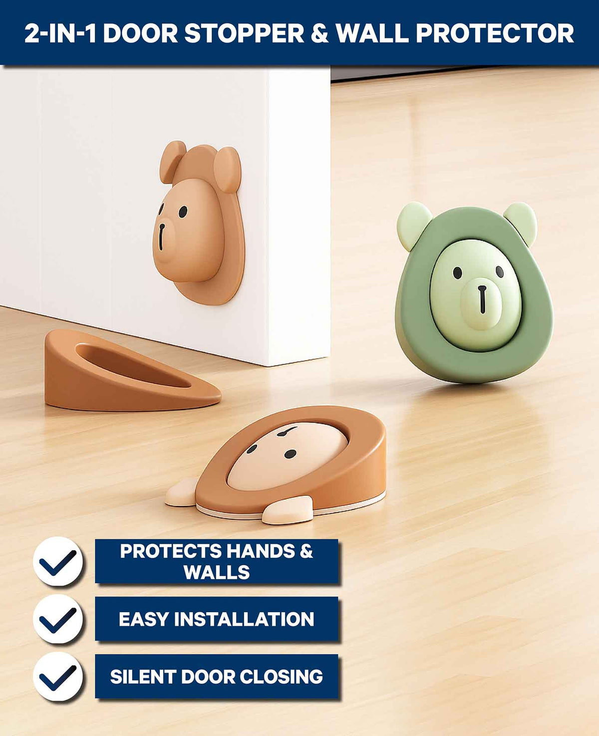 Door Stop and Door Buffer Kids 2-Piece Set Brown-Green Animals