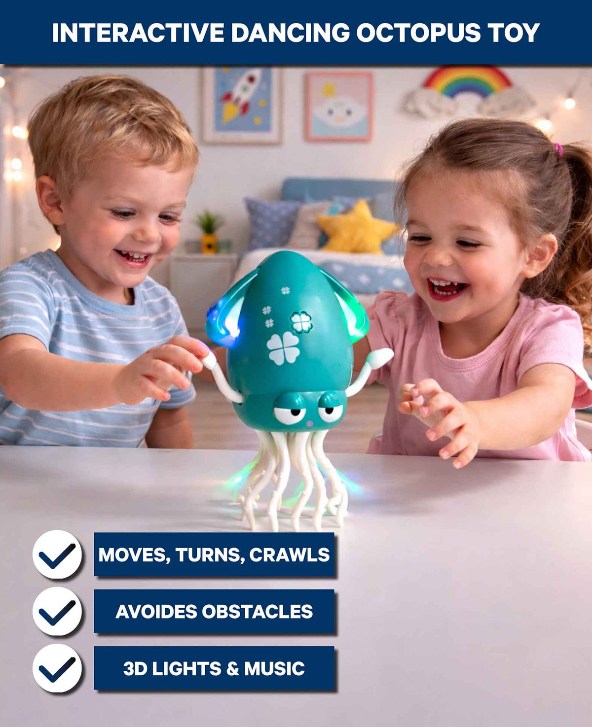 Dancing octopus, children's toy with music and light effects and obstacle detection