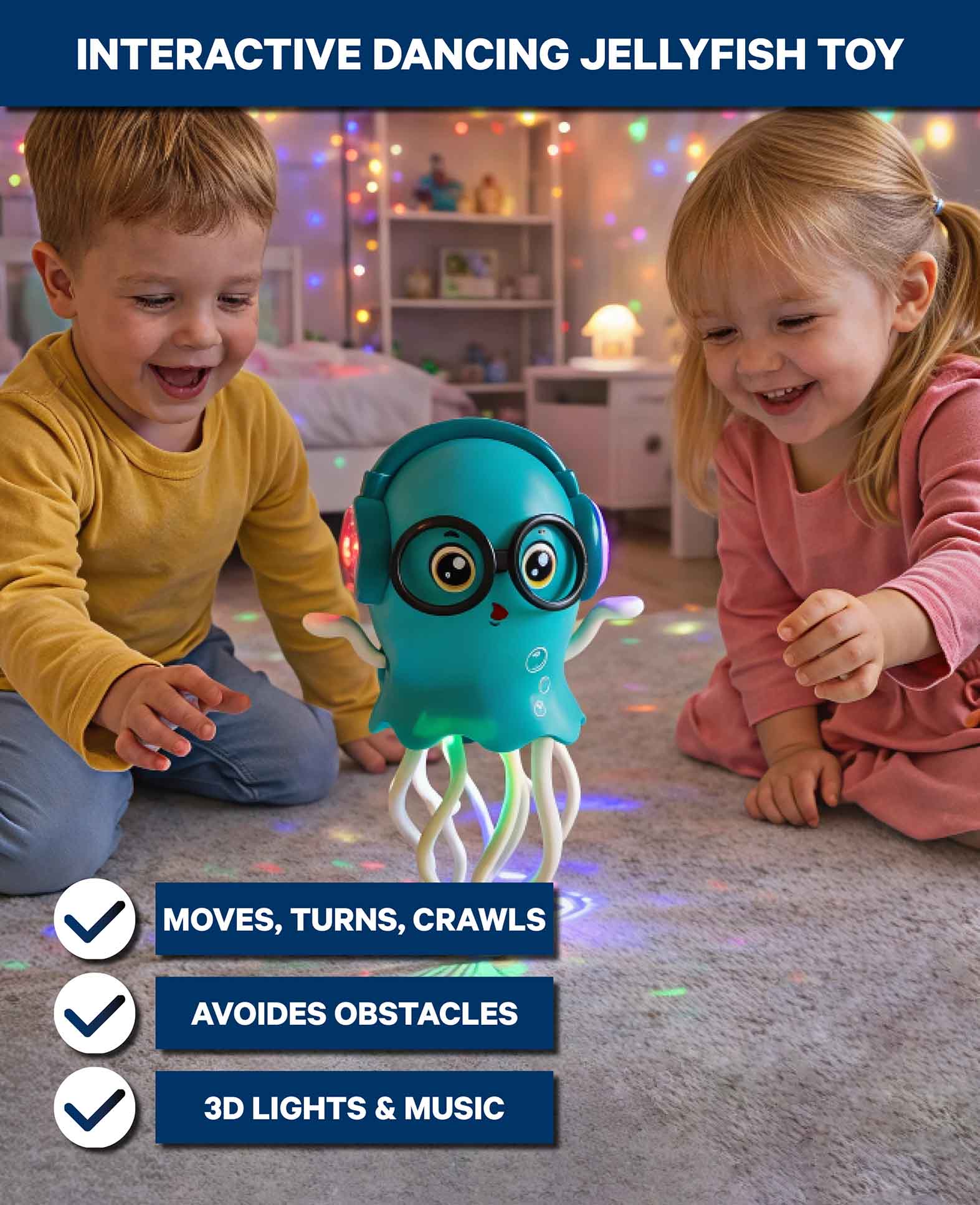 Tanzende Qualle, Kinderspielzeug mit Musik, 3D Lichteffekten und Hinderniserkennung