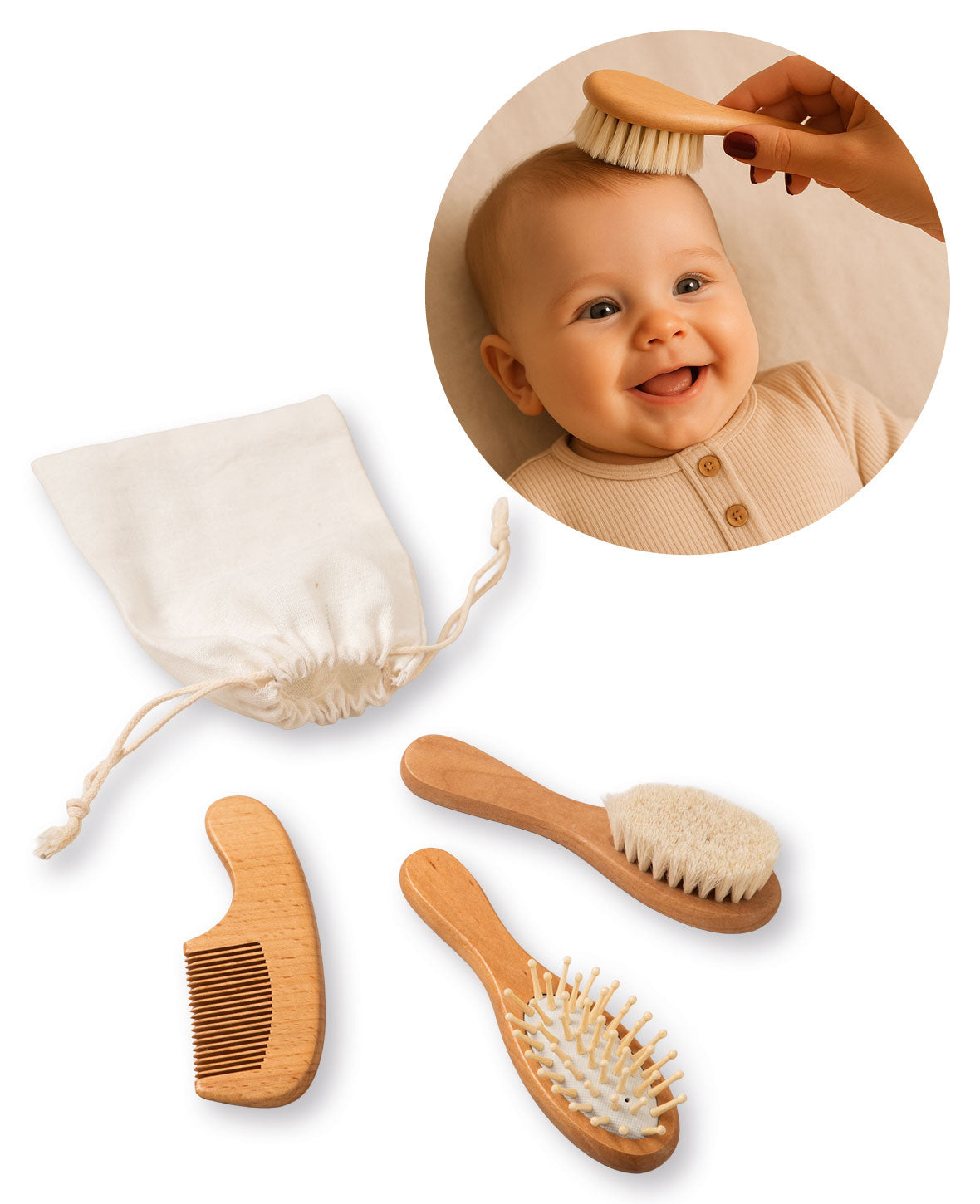 Set de brosses pour bébé en bois de hêtre 3 pièces