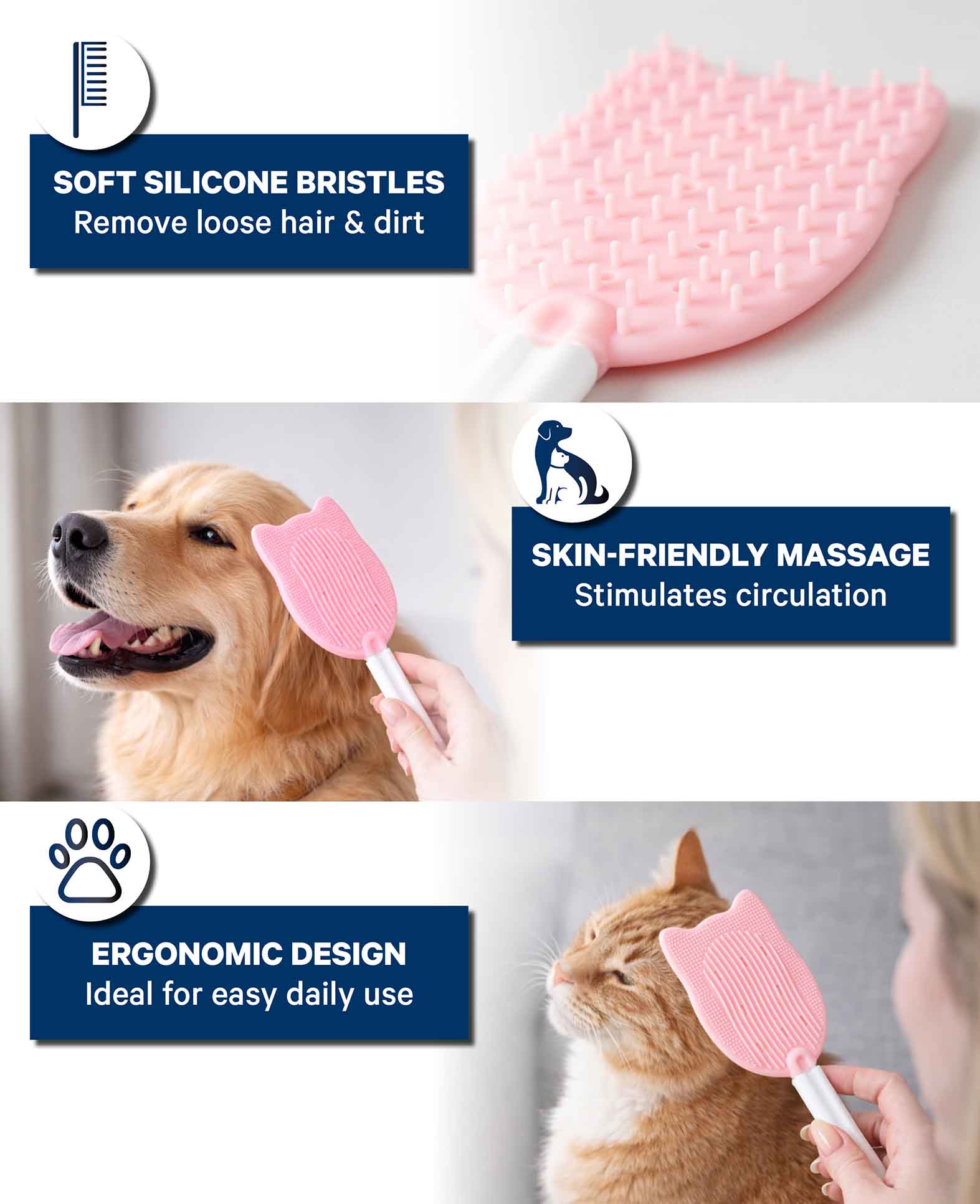 Tierpflegebürste Silikon, Rosa, für Hunde und Katzen