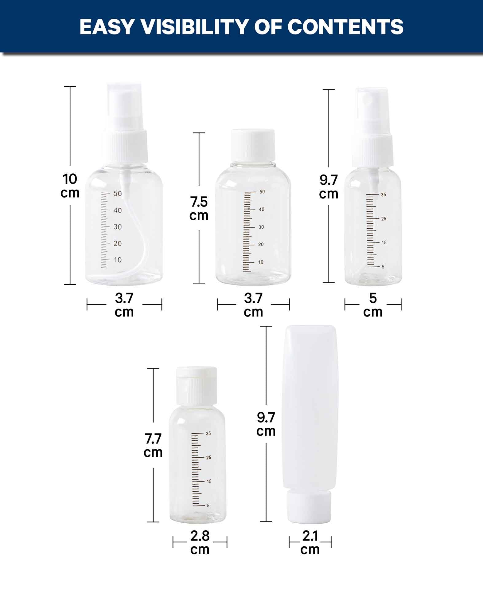 Lot de 5 flacons de voyage transparents