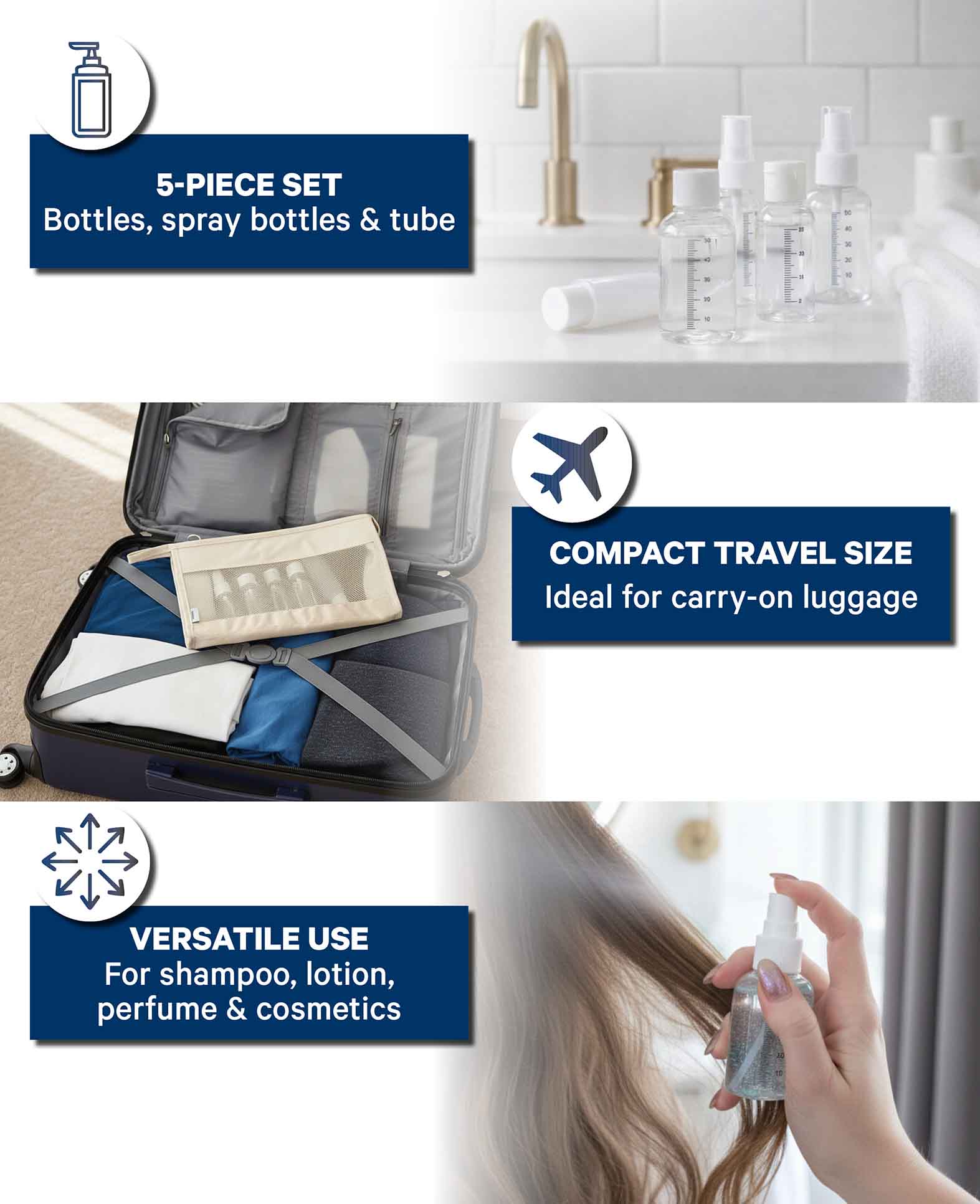 Lot de 5 flacons de voyage transparents