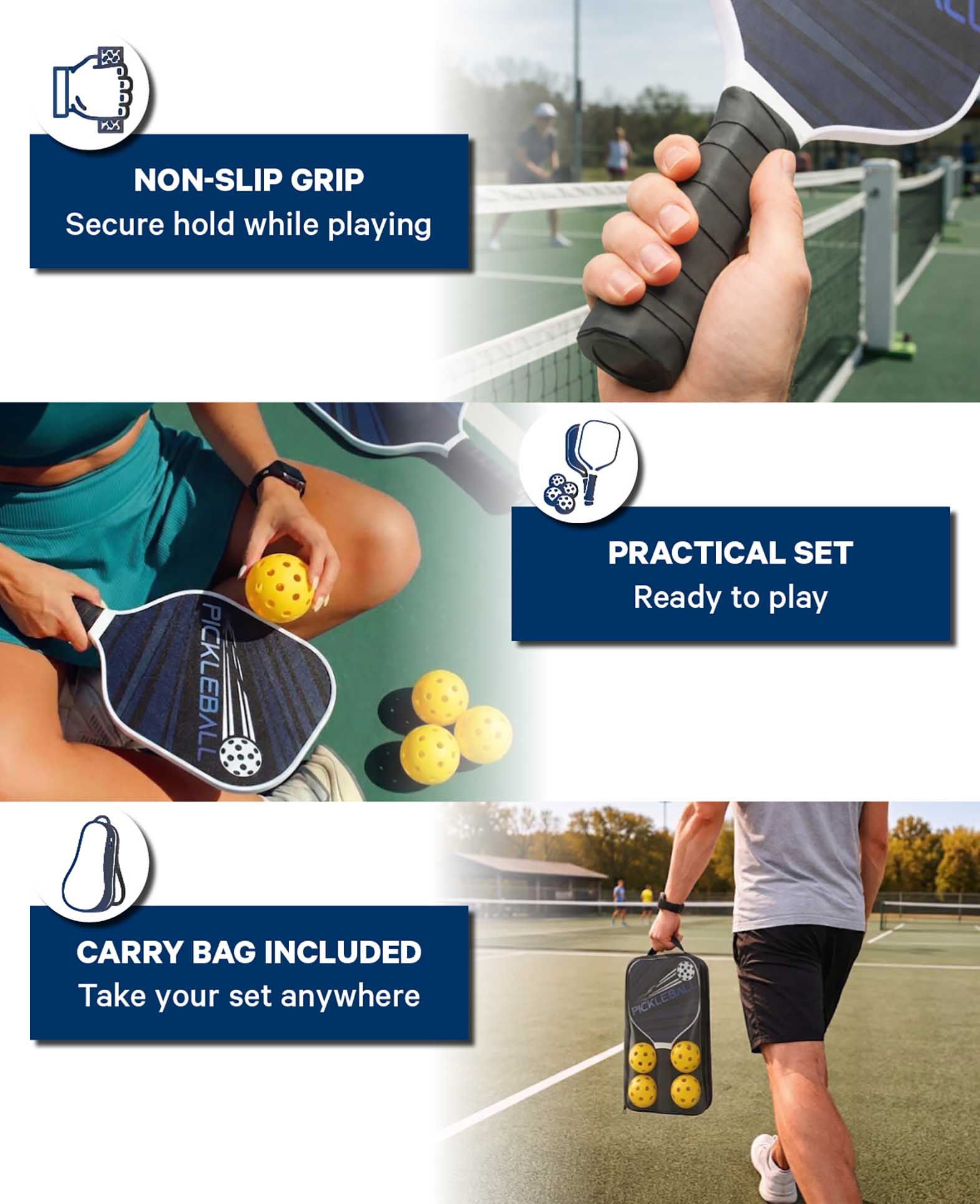 Kit de pickleball – 2 raquettes et 4 balles avec sac