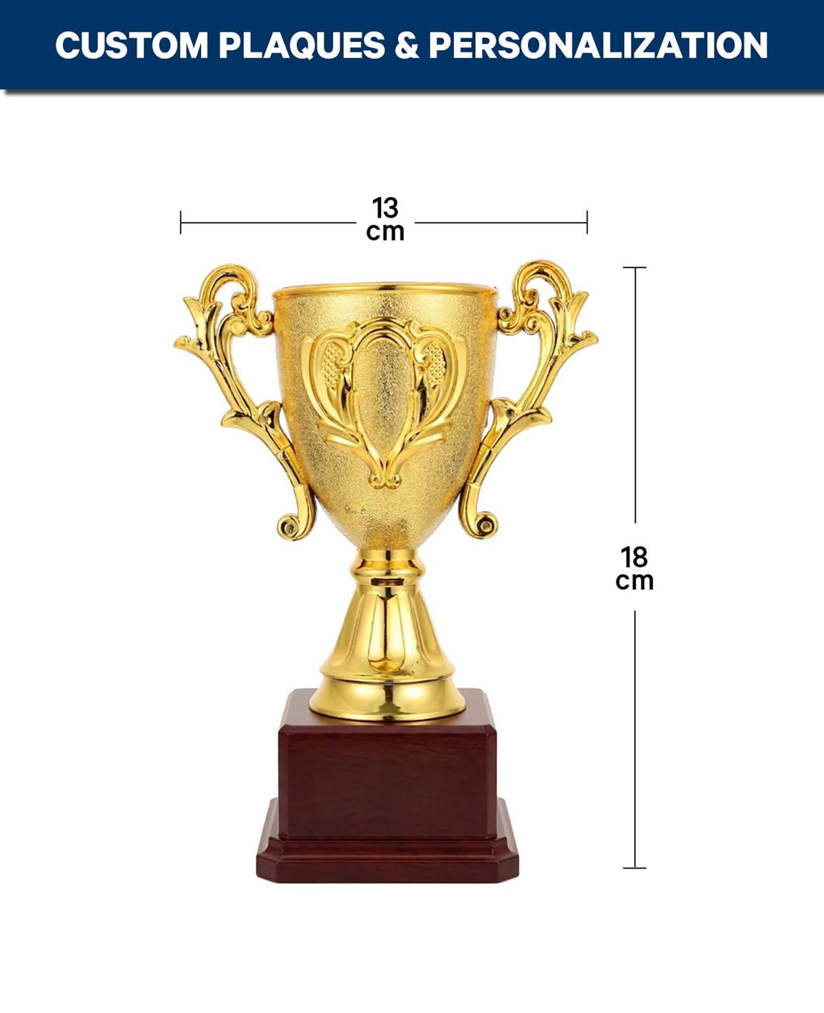 Trophée Or avec ornements, plastique, 18x13 cm, personnalisable