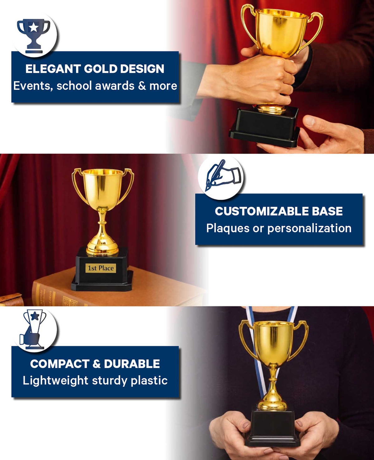 Trophée or, plastique, 19 cm, personnalisable