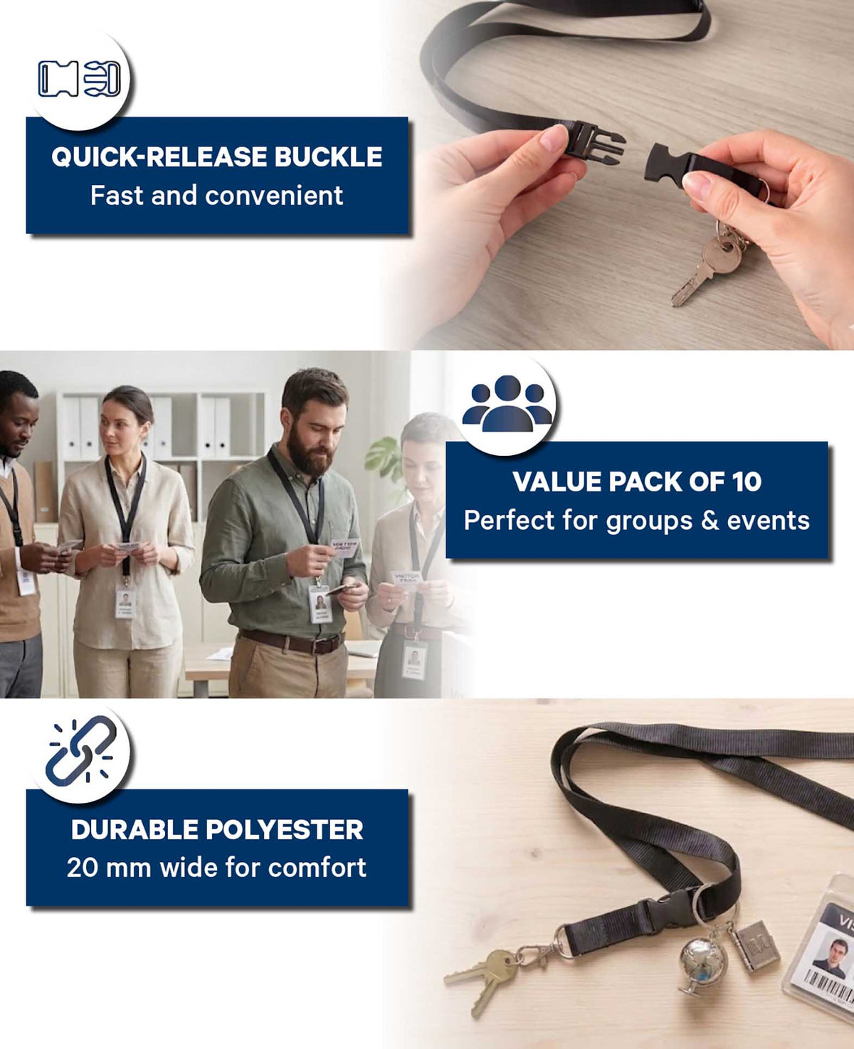 Porte-clés Tour de cou noir - Lot de 10