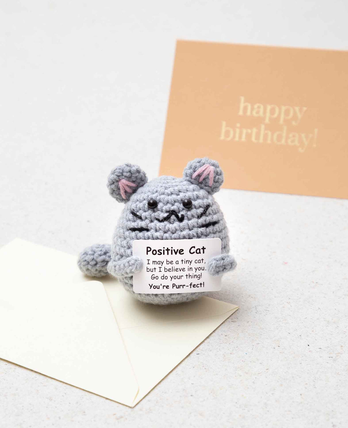 Positive Cat, gehäkeltes Mini Kuscheltier, Glücksbringer
