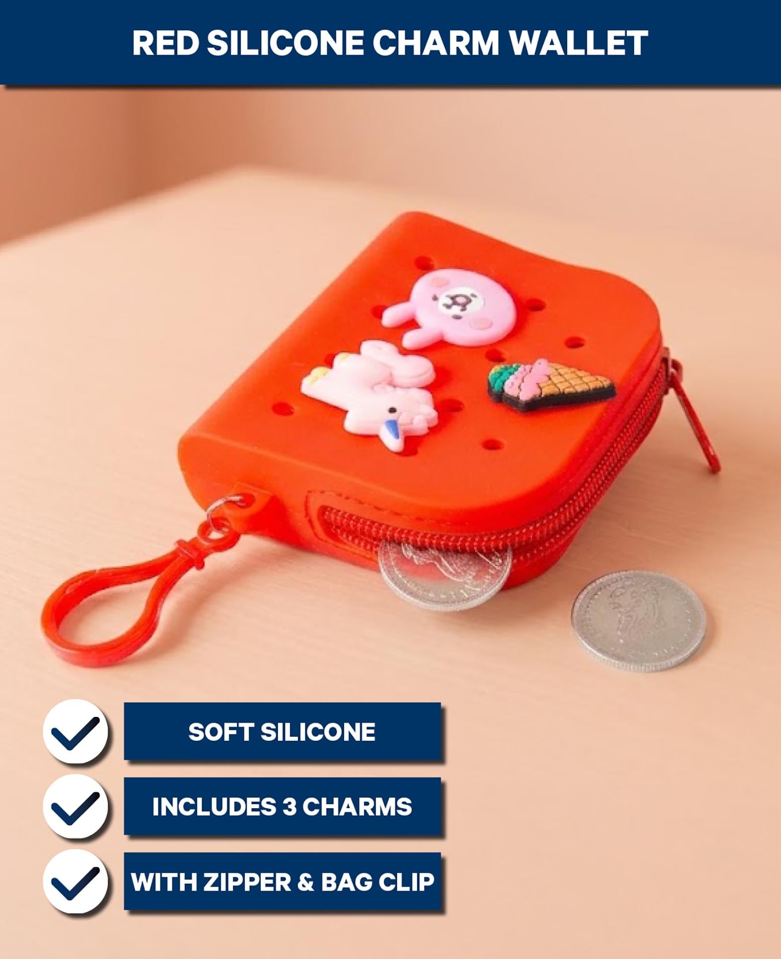 Geldbörse inkl. 3 Charms, rot, 8 x 10 cm, BPA frei