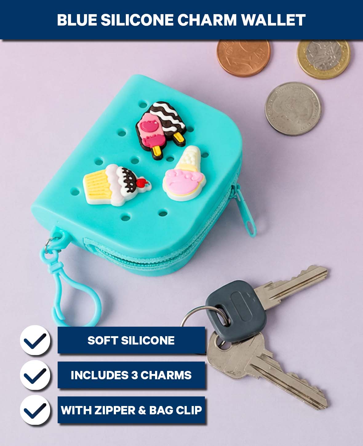 Geldbörse inkl. 3 Charms, blau, 8x10 cm, BPA frei