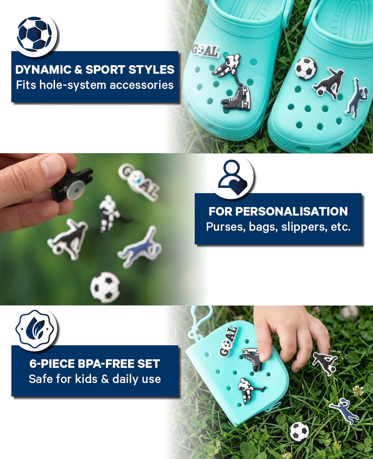 Breloques, silicone, sport, 6 pièces, sans BPA