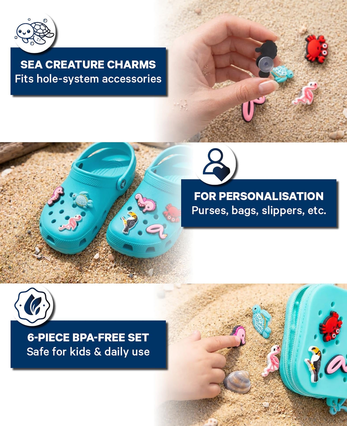 Charms, Silicone, Sea Animals, 6 pcs., BPA free