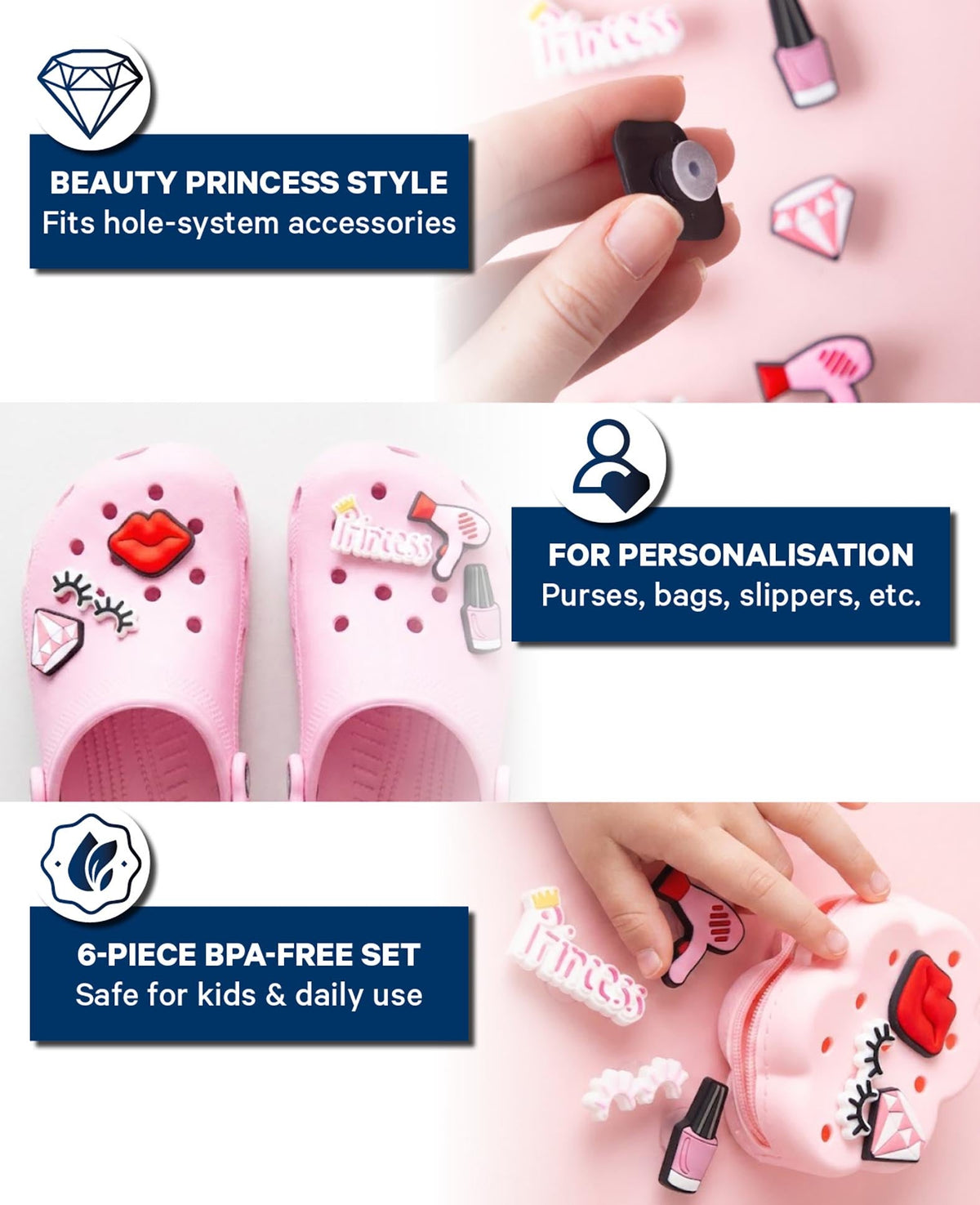 Breloques, silicone, Princesse, 6 pièces, sans BPA