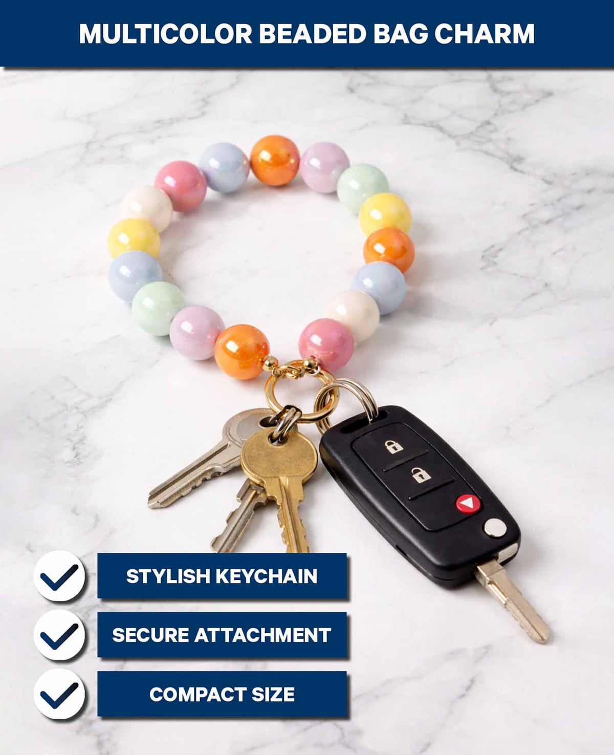 Porte-clé pendentif, perles colorées, 4 x 10,5 cm, avec anneau métallique