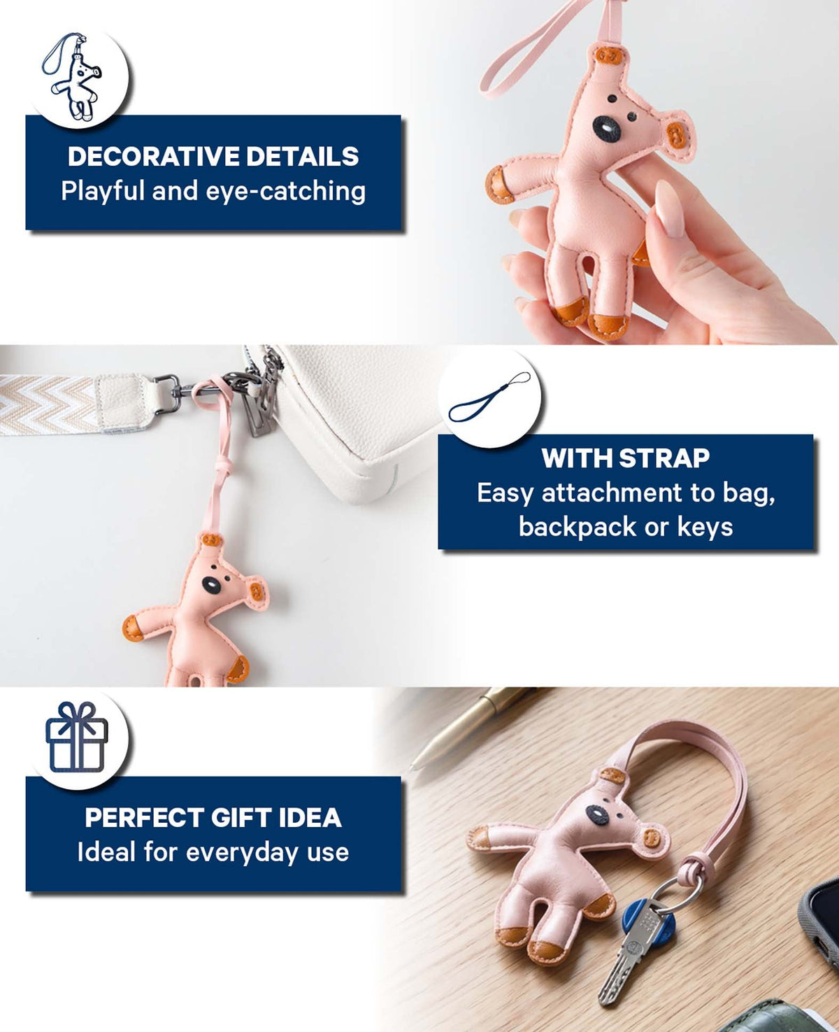 Bag charm, funny dog, pink/brown, 8 x 11.5 cm