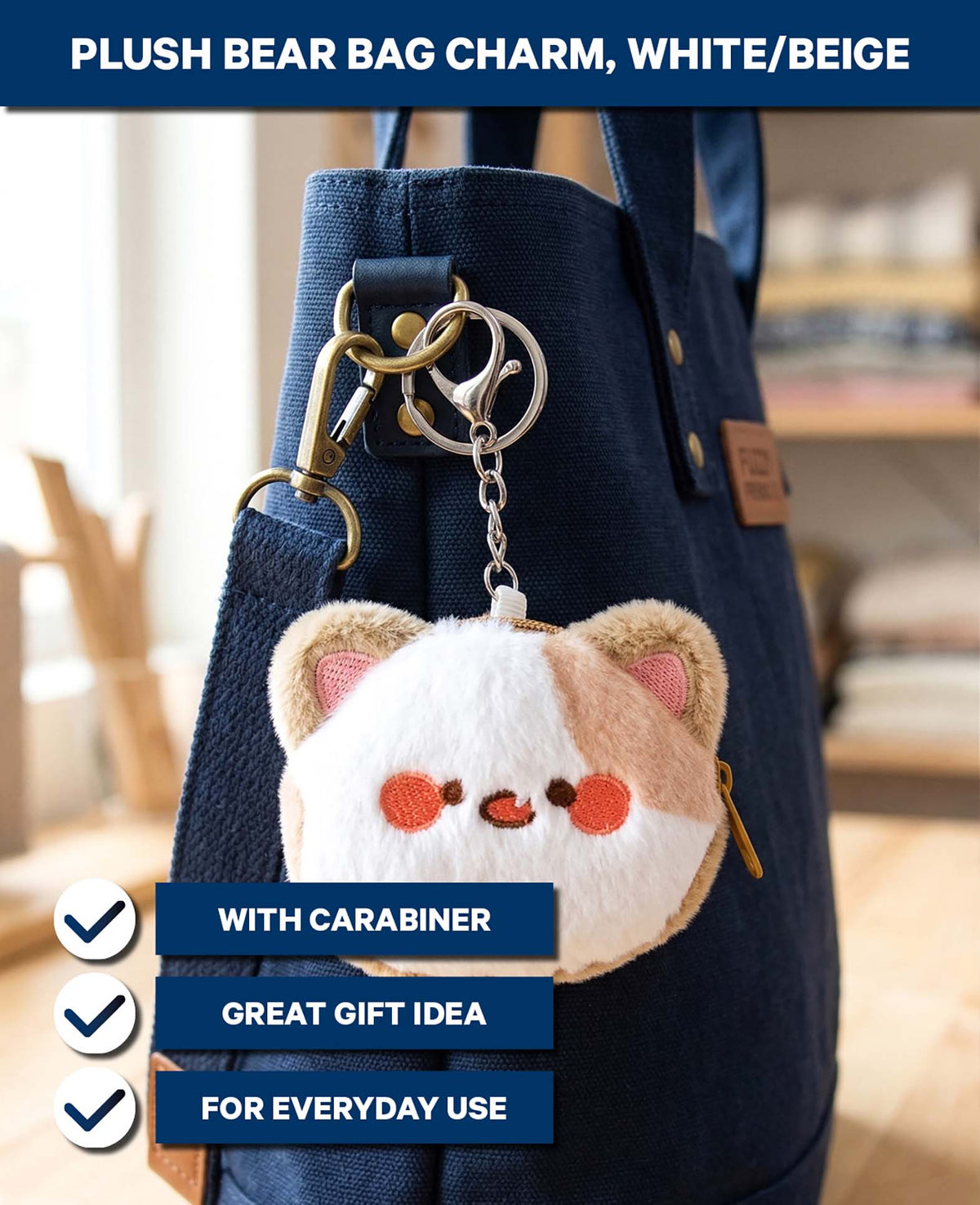 Taschenanhänger Plüschbär, Weiss/Beige, 7×8.5 cm