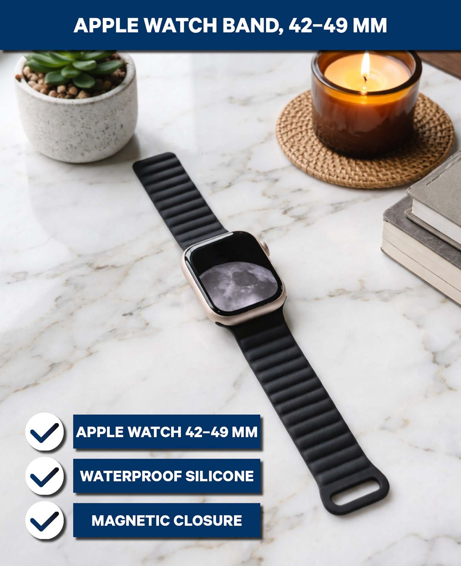 Bracelet pour Apple Watch, magnétique - Noir 42-49 mm