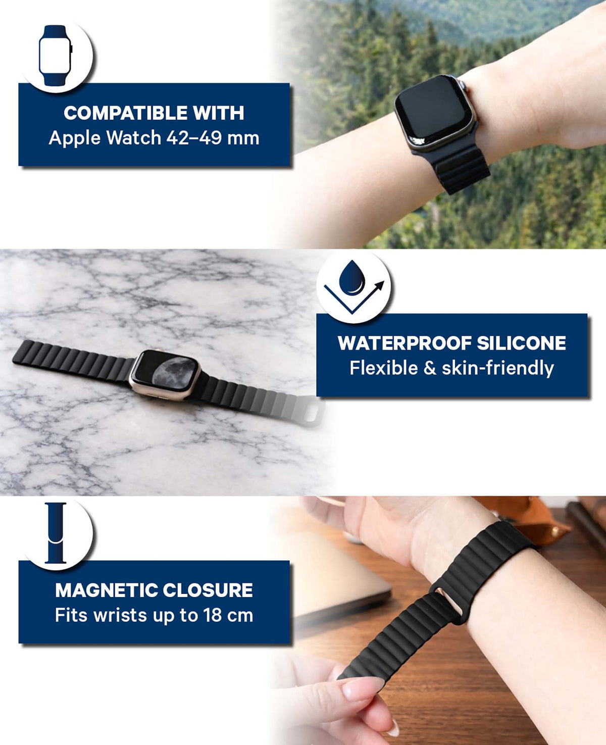 Bracelet pour Apple Watch, magnétique - Noir 42-49 mm