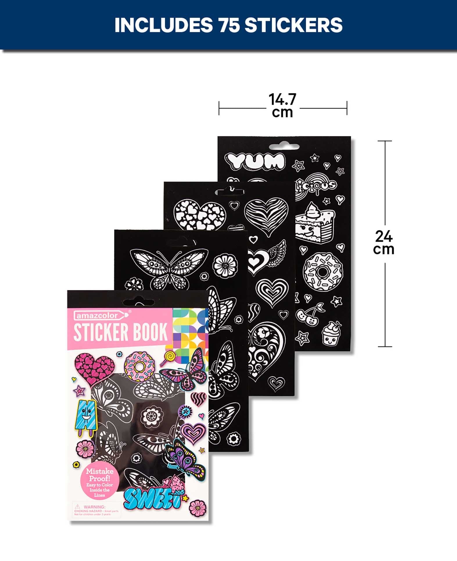 Livre d'autocollants à colorier, Papillons/Cœurs/Friandises, 75 autocollants velours