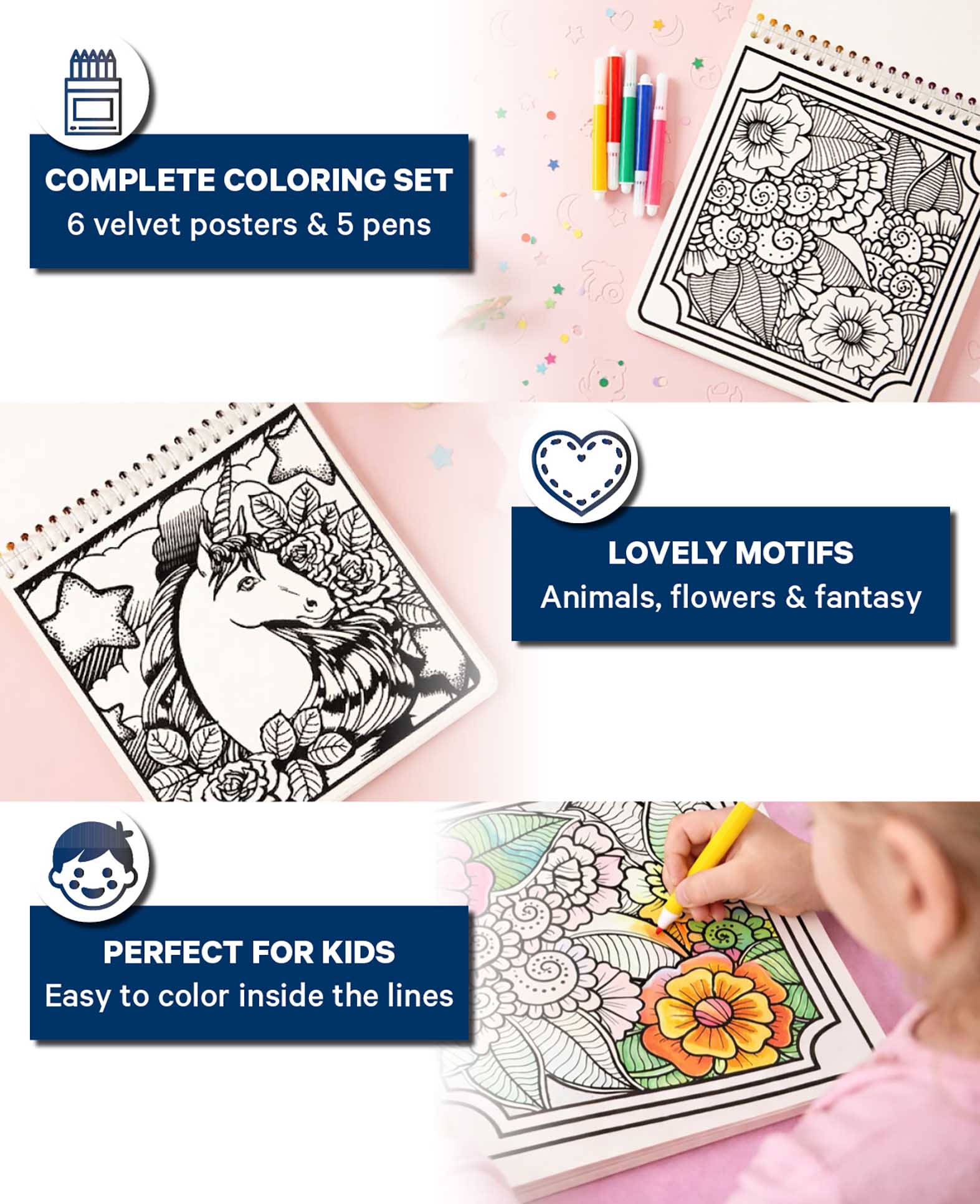 Kit de coloriage velours, 6 feuilles et 5 feutres