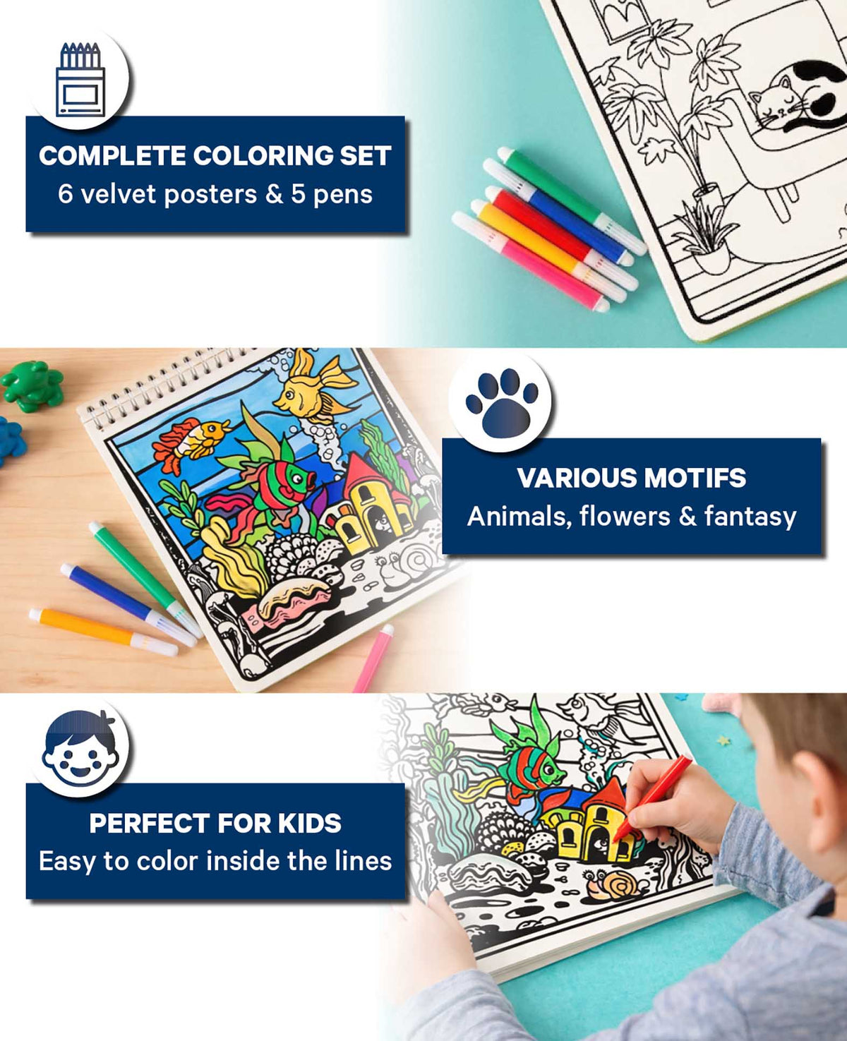Kit de coloriage velours, 6 feuilles & 5 stylos