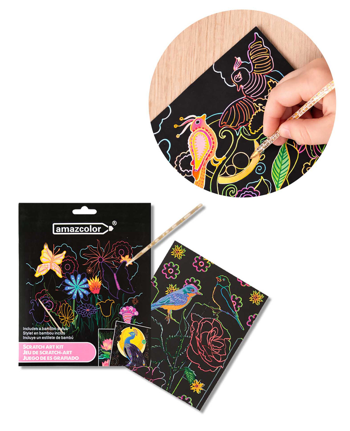 Scratchset für Kinder, Natur-Motive, 6 Blätter & 1 Scratchstift
