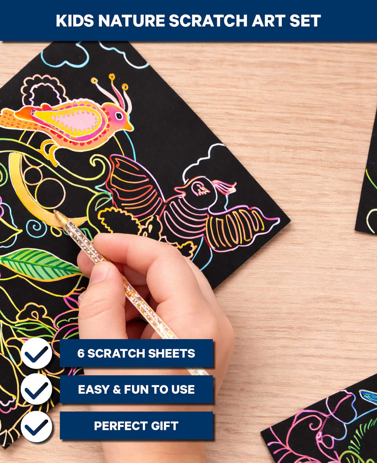 Scratchset für Kinder, Natur-Motive, 6 Blätter & 1 Scratchstift