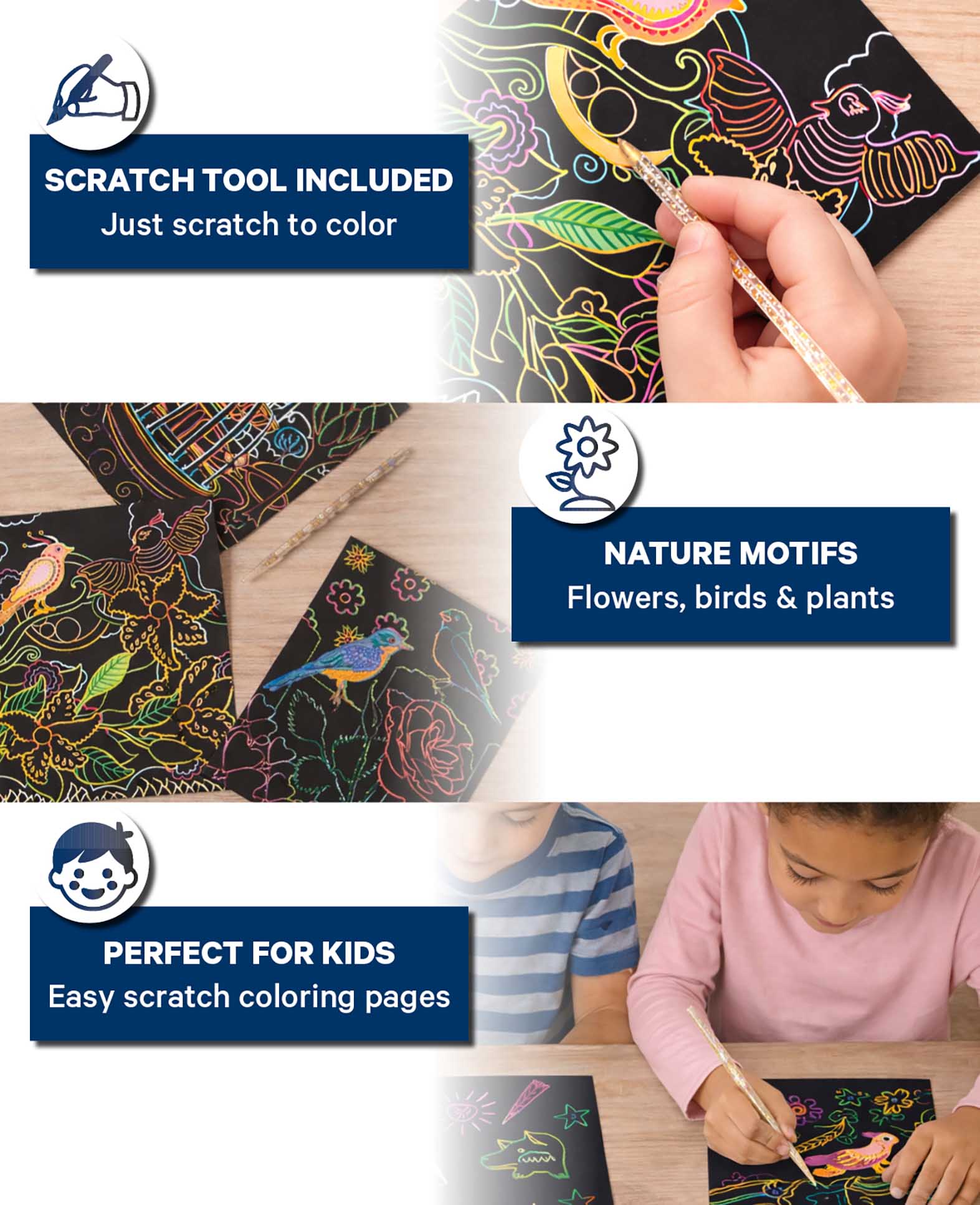 Scratchset für Kinder, Natur-Motive, 6 Blätter & 1 Scratchstift