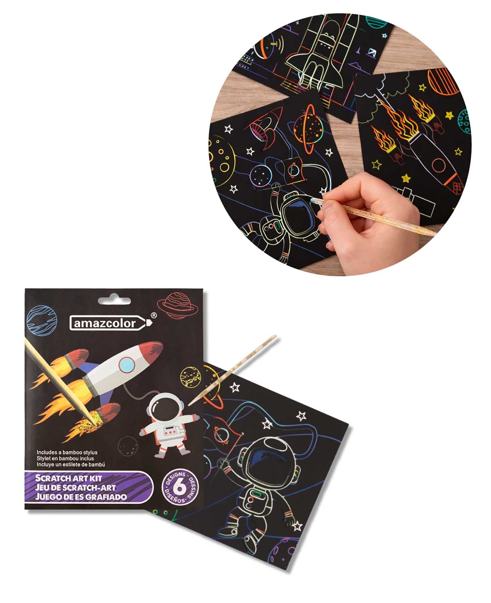 Scratchset für Kinder, Kratzbild, Weltall, 6 Blätter & 1 Scratchstift