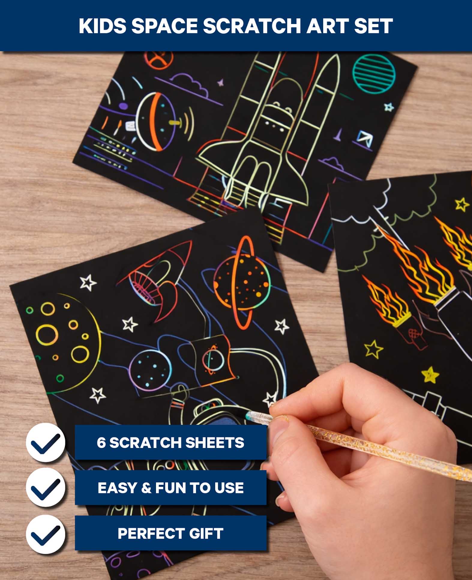 Scratchset für Kinder, Kratzbild, Weltall, 6 Blätter & 1 Scratchstift