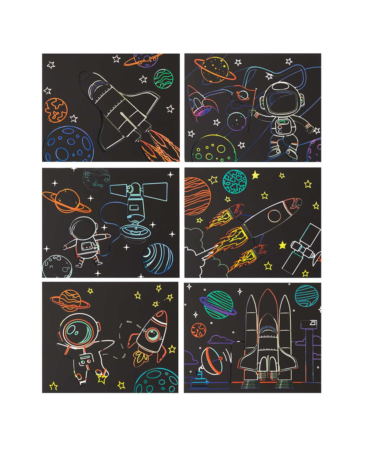 Scratchset für Kinder, Kratzbild, Weltall, 6 Blätter & 1 Scratchstift