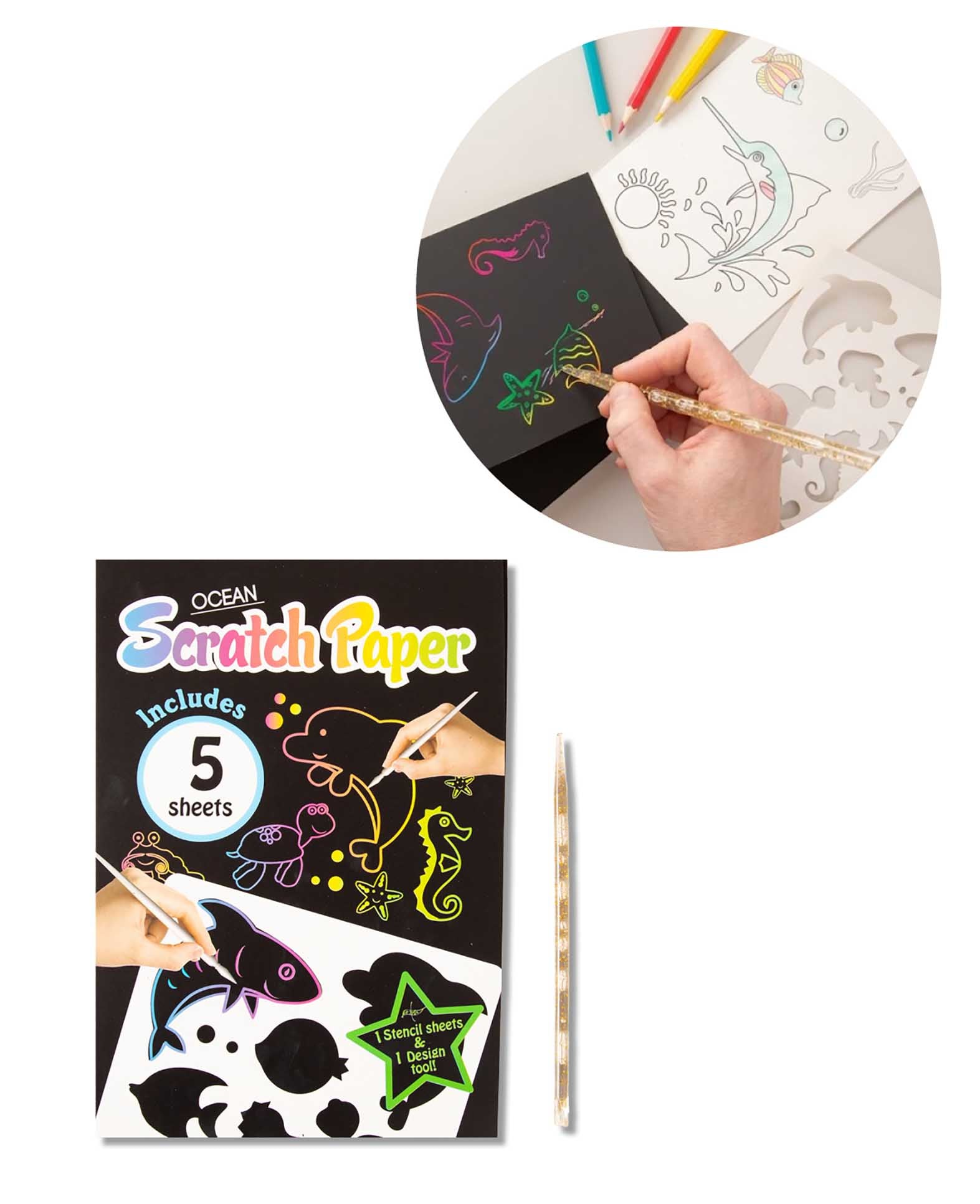 Scratchpapier für Kinder, Kratzpapier, Ozean, 5 Blatt inkl. Schablone