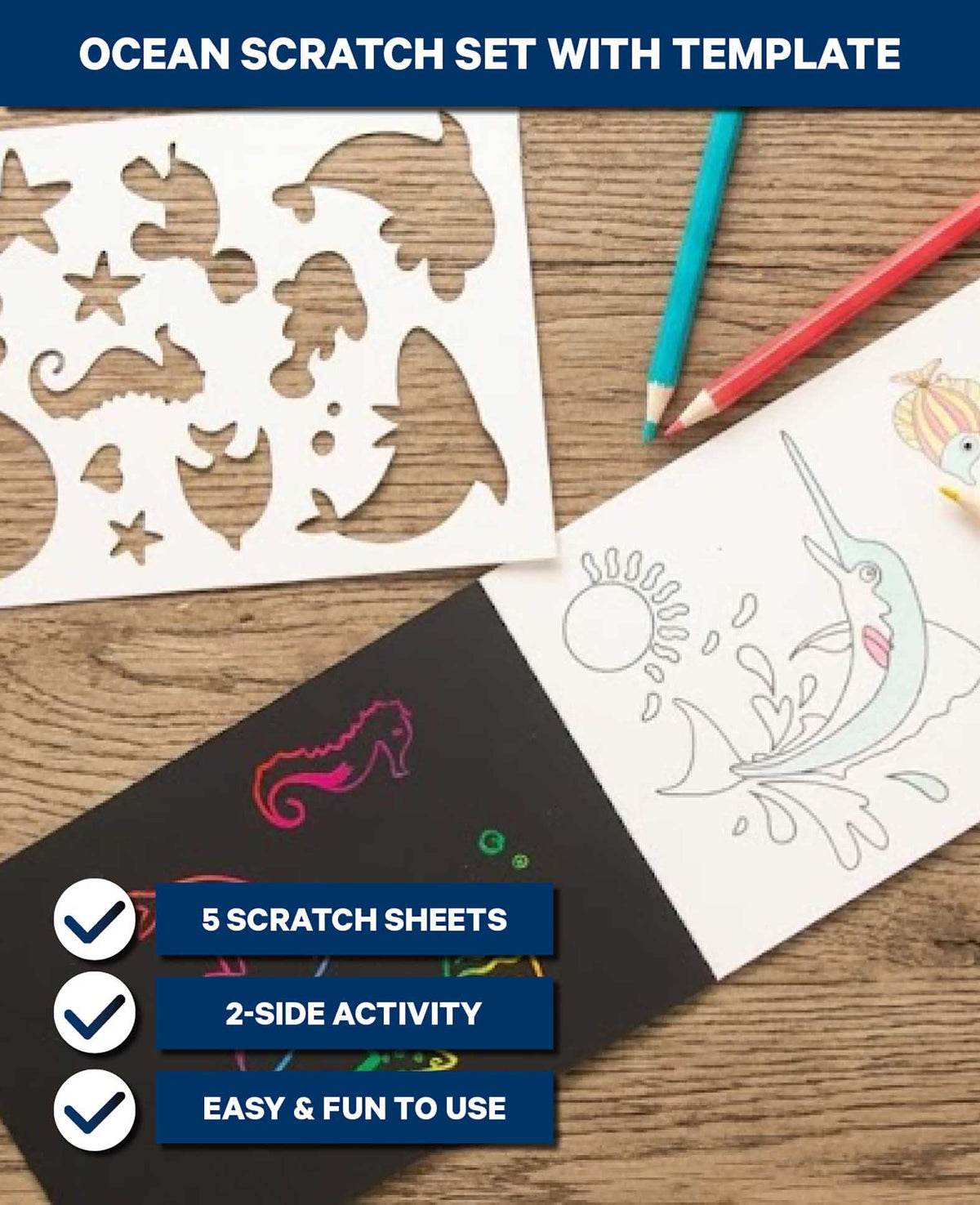 Scratchpapier für Kinder, Kratzpapier, Ozean, 5 Blatt inkl. Schablone