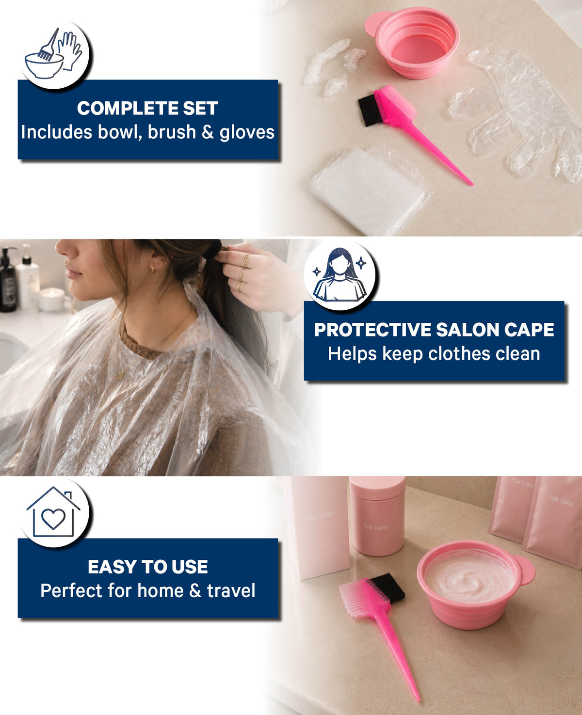 Hair Dye Set, Brush, Bowl, foldable for Travel, pink