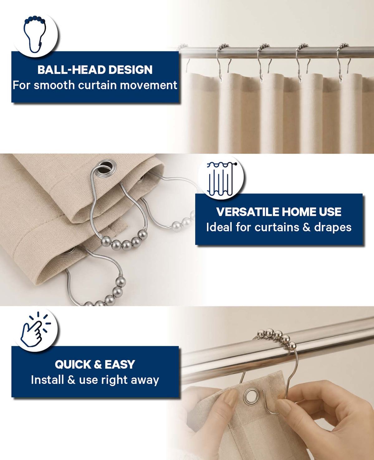 Curtain hooks, metal, silver, 43 x 76 mm, 4 pcs.