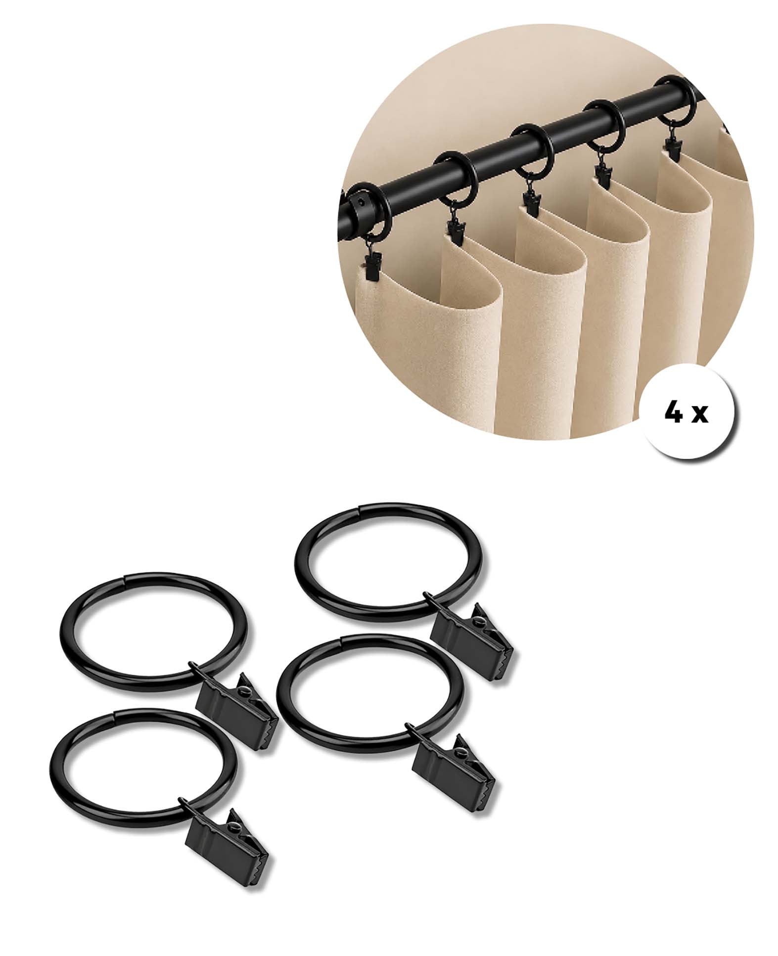 Vorhangringe mit Klammer Metall, Schwarz, Ø32 mm, 4 Stk.