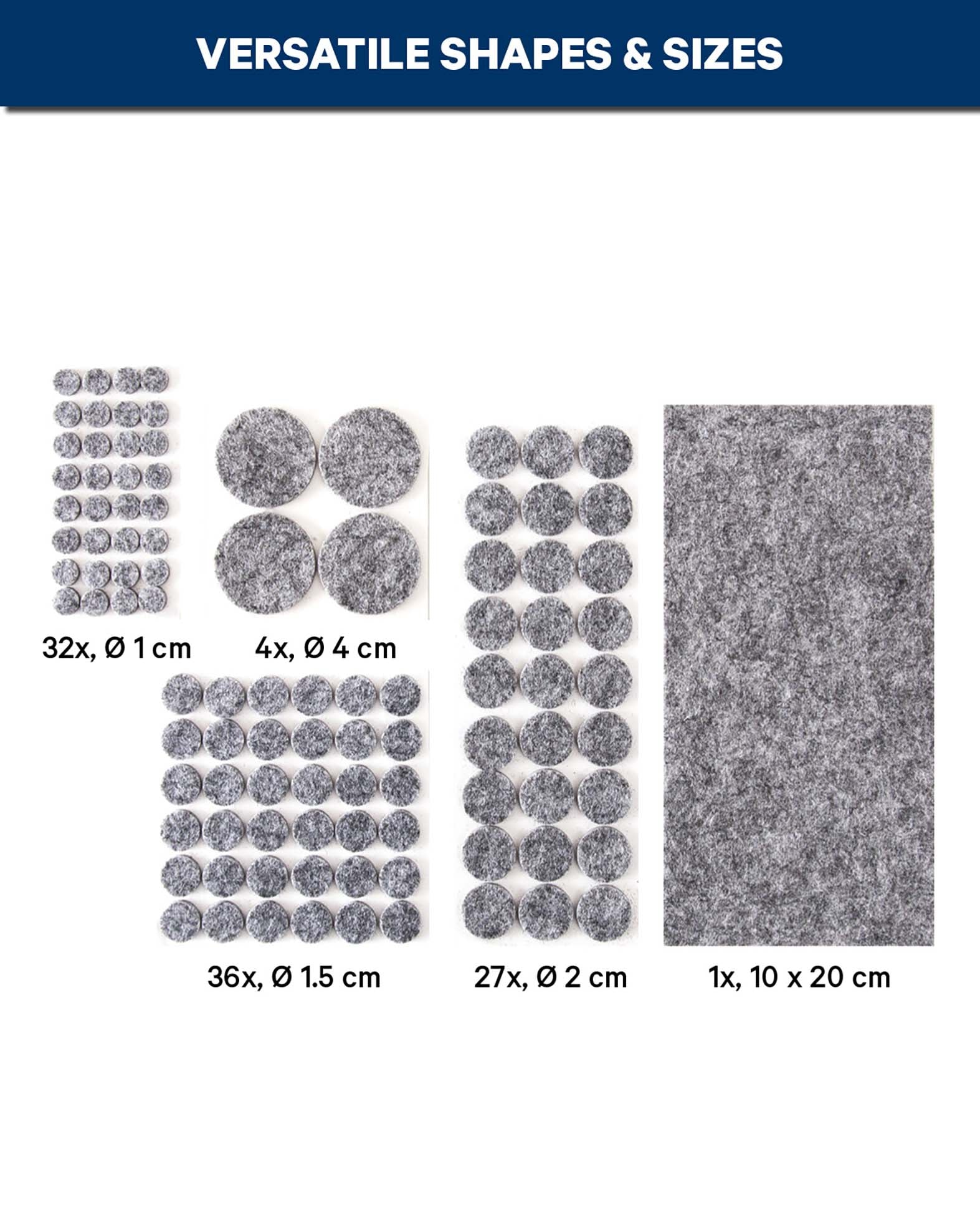 Filzgleiter Set, selbstklebend, rund/ eckig, grau, 96 Stk.