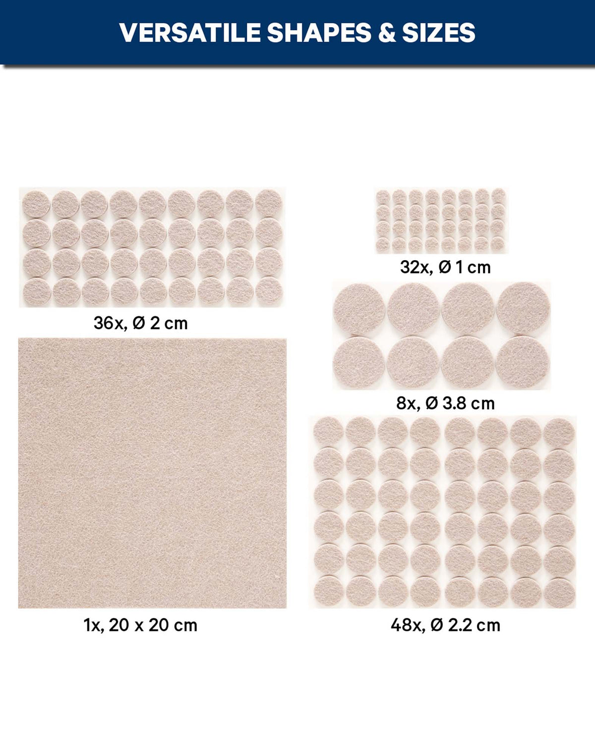 Filzgleiter Set, selbstklebend, rund/ eckig, beige, 125 Stk.