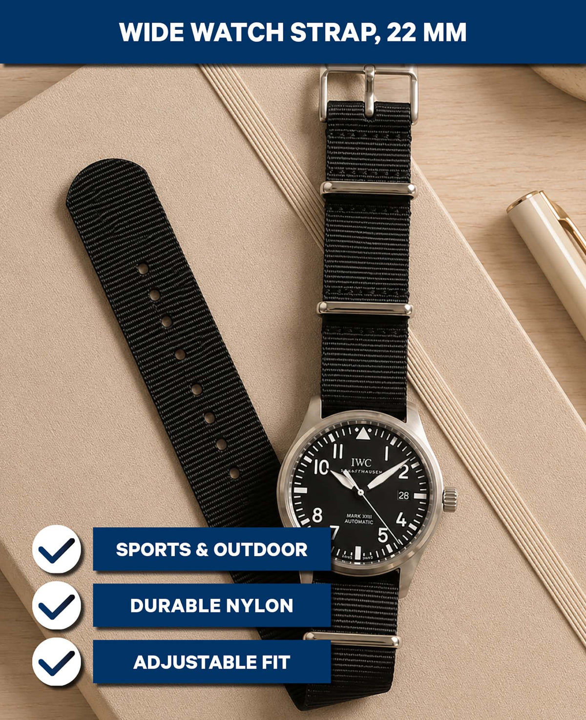 Nato-Uhrenarmband aus Nylon, Schwarz, 22 mm, Länge 26 cm