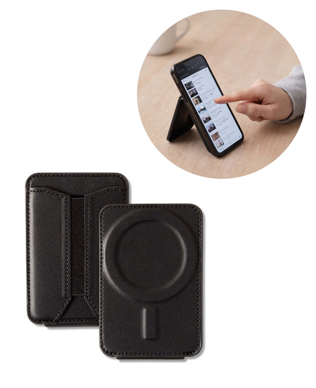 MagSafe iPhone Kartenhalter mit Ständer, Schwarz, PU Leder