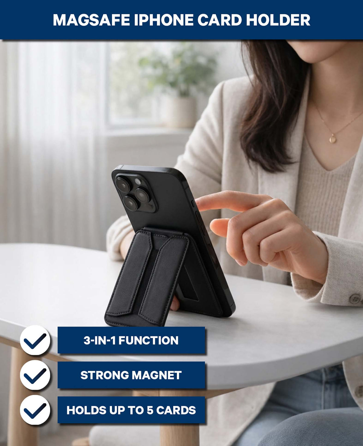 MagSafe iPhone Kartenhalter mit Ständer, Schwarz, PU Leder