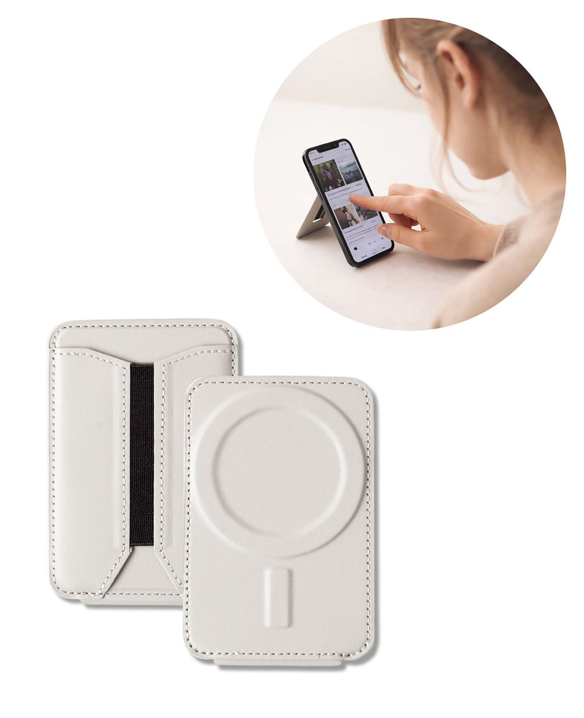 MagSafe iPhone Kartenhalter mit Ständer, Hellgrau, PU Leder