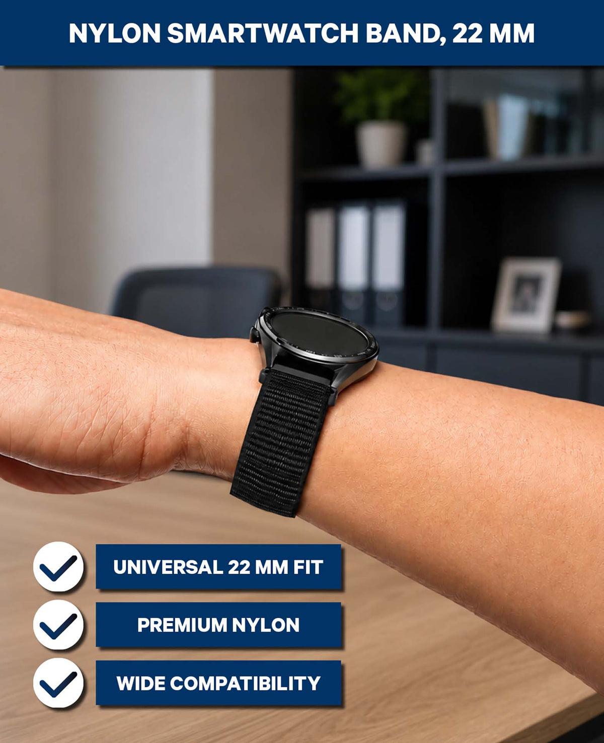 Nylon Smartwatch Armband, Schwarz, 22 mm