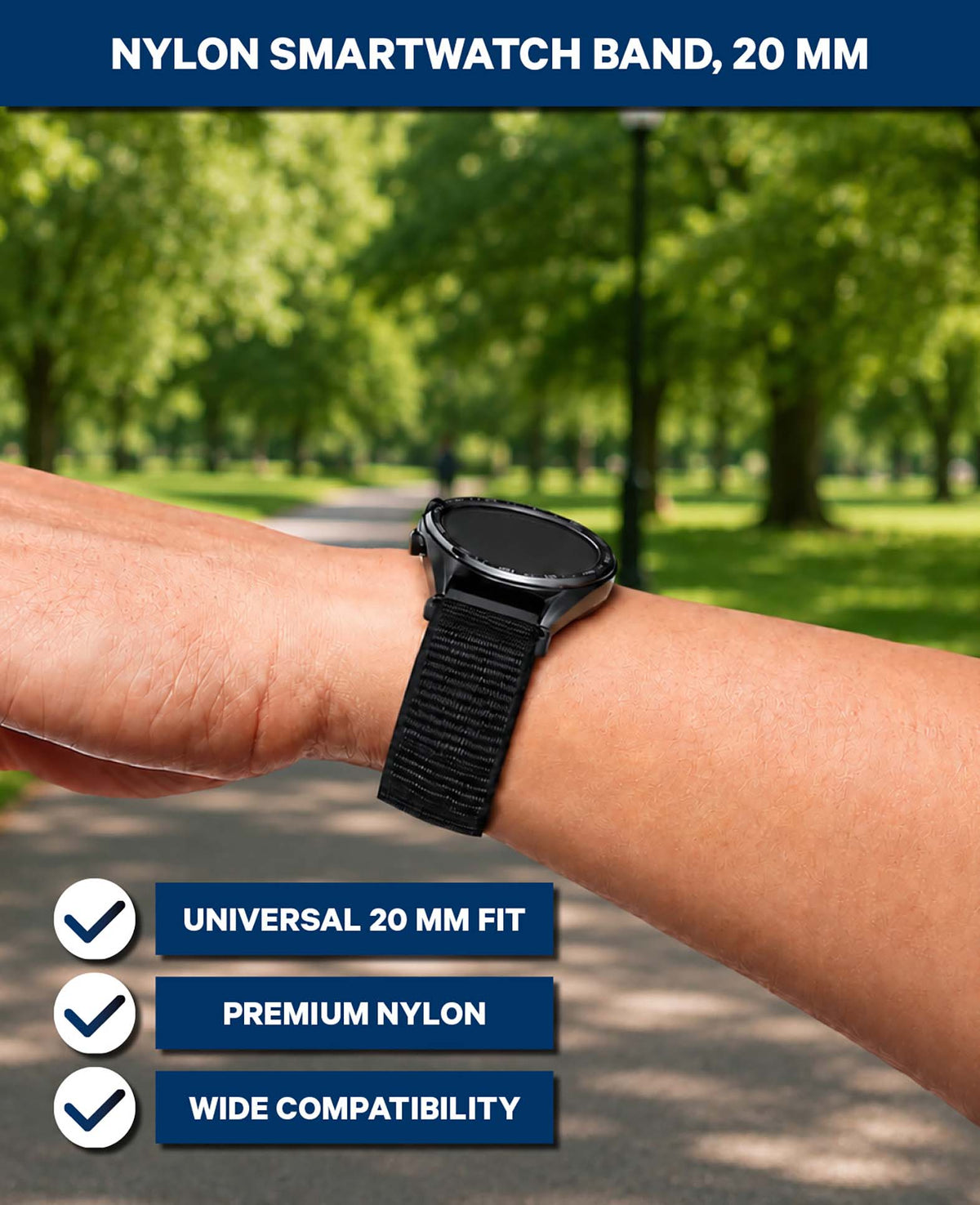 Nylon Smartwatch Armband, Schwarz, 20 mm