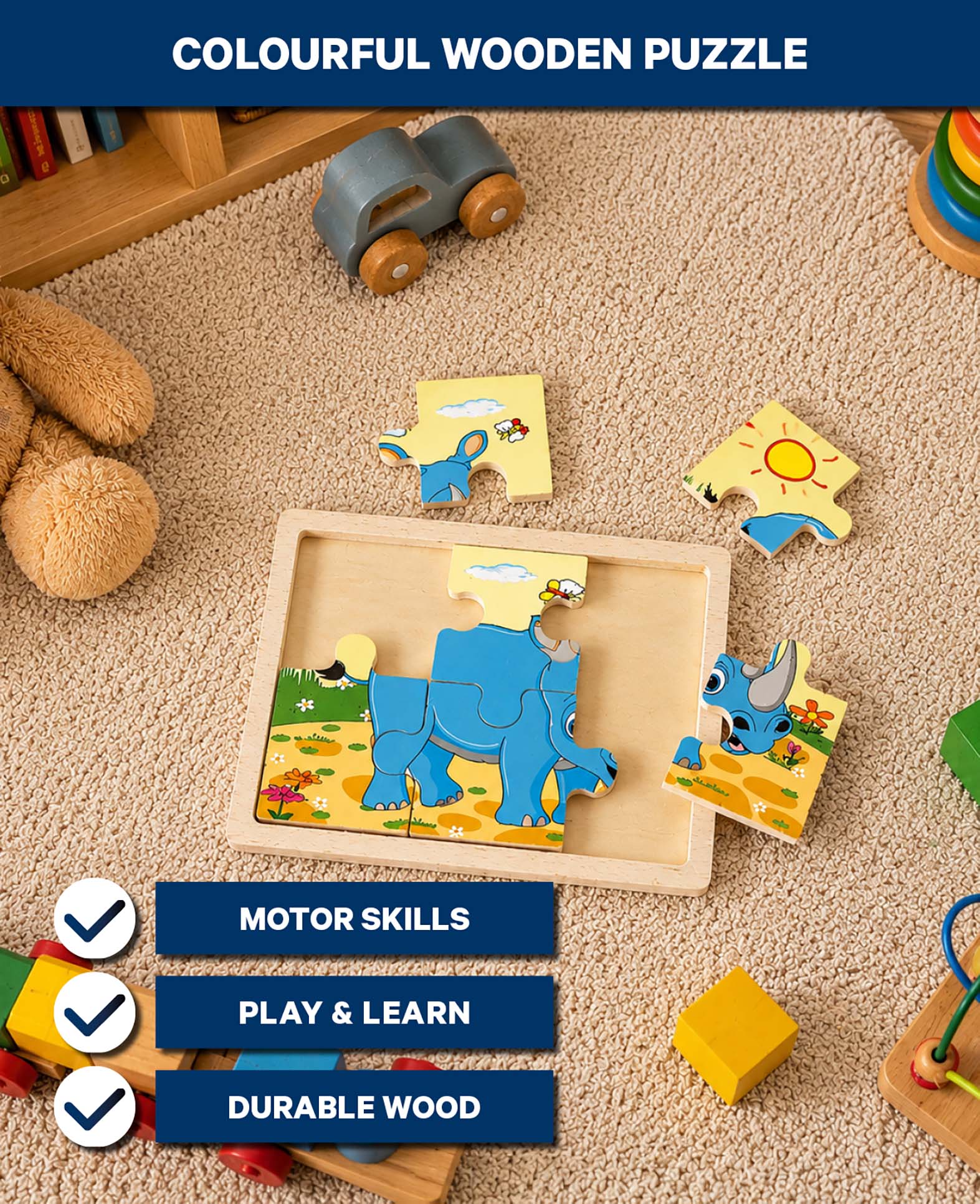 Holzpuzzle Nashorn, 6 Teile