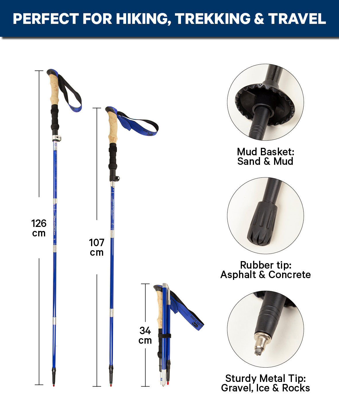 Klappbarer Wanderstock Carbon, Blau