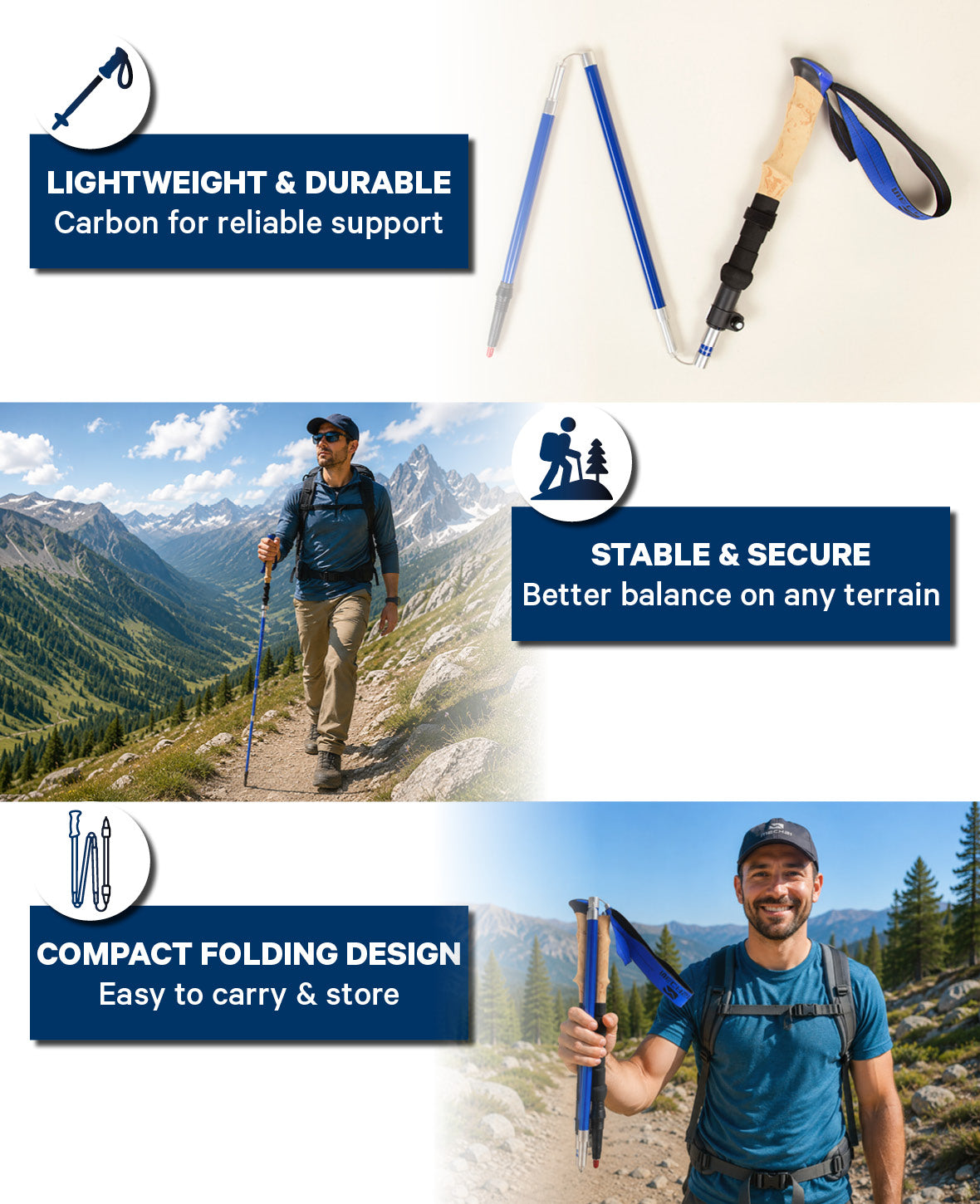 Klappbarer Wanderstock Carbon, Blau