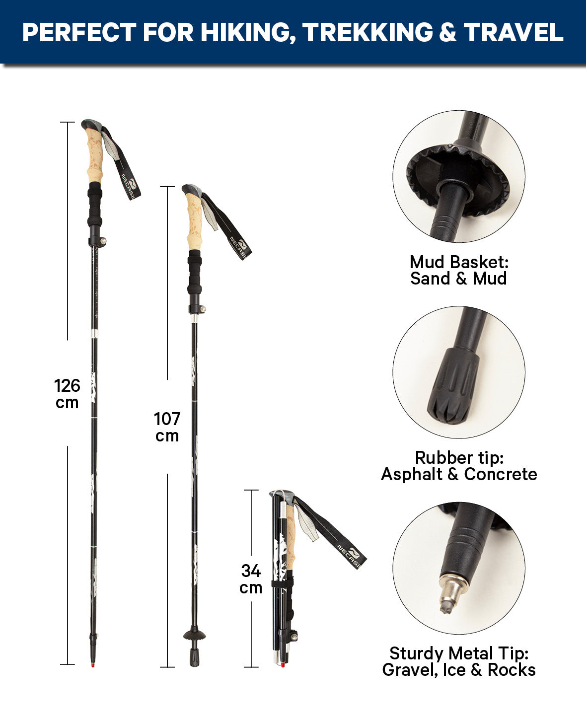 Klappbarer Wanderstock Carbon, Schwarz