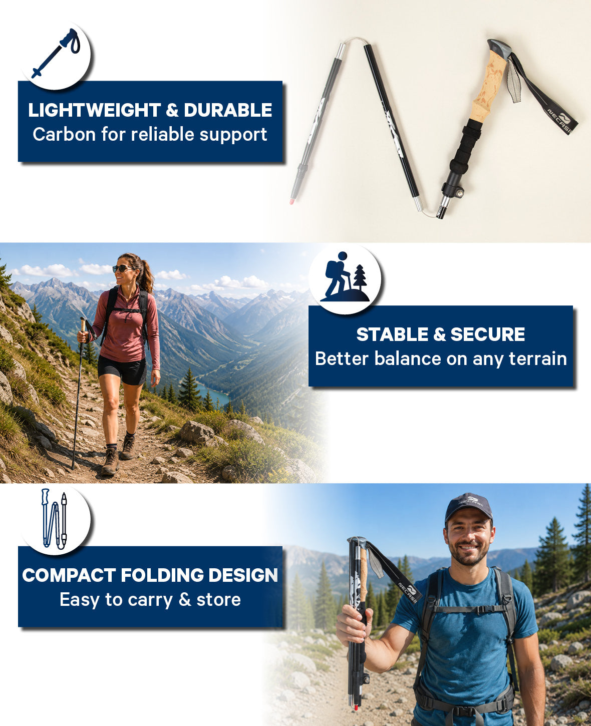 Klappbarer Wanderstock Carbon, Schwarz