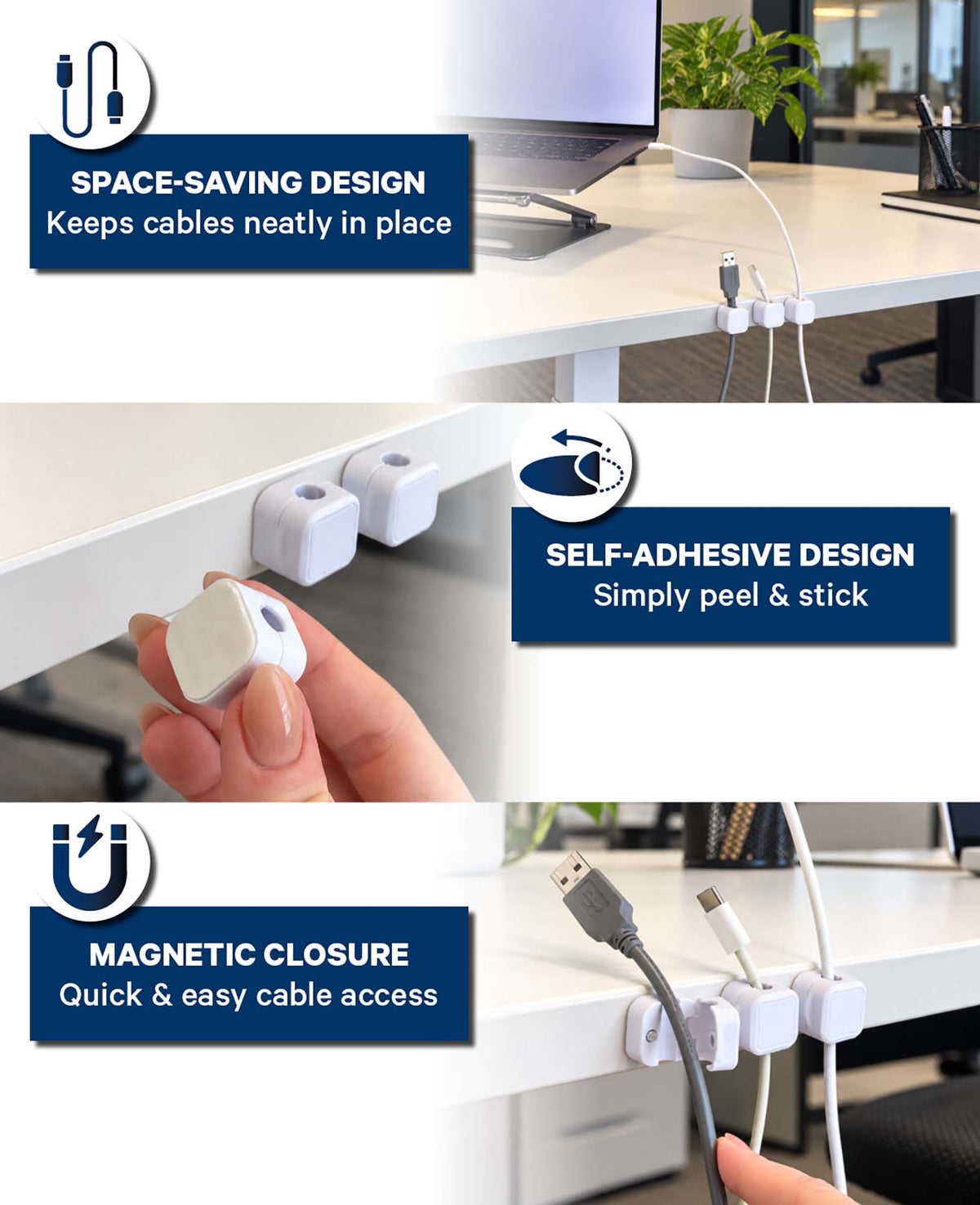 Kabelhalter selbstklebend für ordentliche Kabelführung, Weiss, 6 Stk.